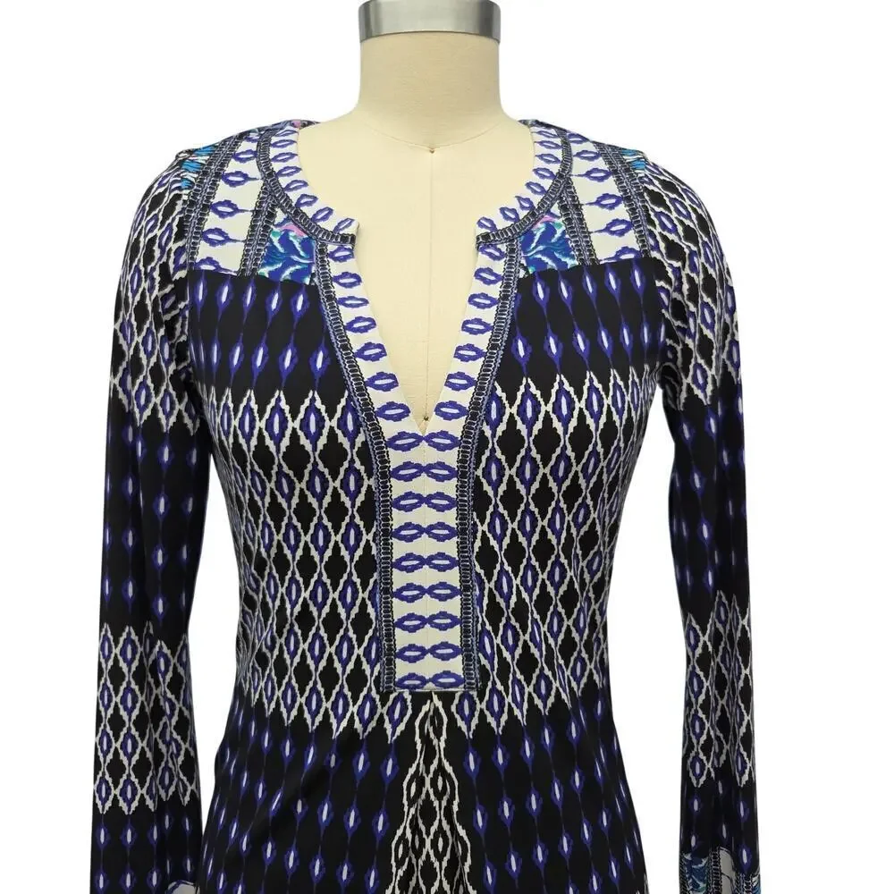 Hale Bob Boho Mini Dress Size XS Blue Mixed Print Tunic Long Sleeve V Neck